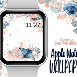 May include: Apple Watch wallpaper featuring a watercolor design of a manta ray, flowers, and gold accents. The time is displayed as 11:27. The text "Design by Susan Turpin Design" and "Apple Watch WALLPAPER" is also included.