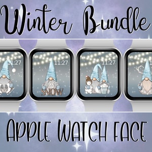May include: Four different Apple Watch faces featuring winter-themed designs with gnomes. The faces include a gnome ice skating, a gnome with the text "Let it Snow", a gnome with a snowman, and a gnome with reindeer antlers. Each face displays the time and date.