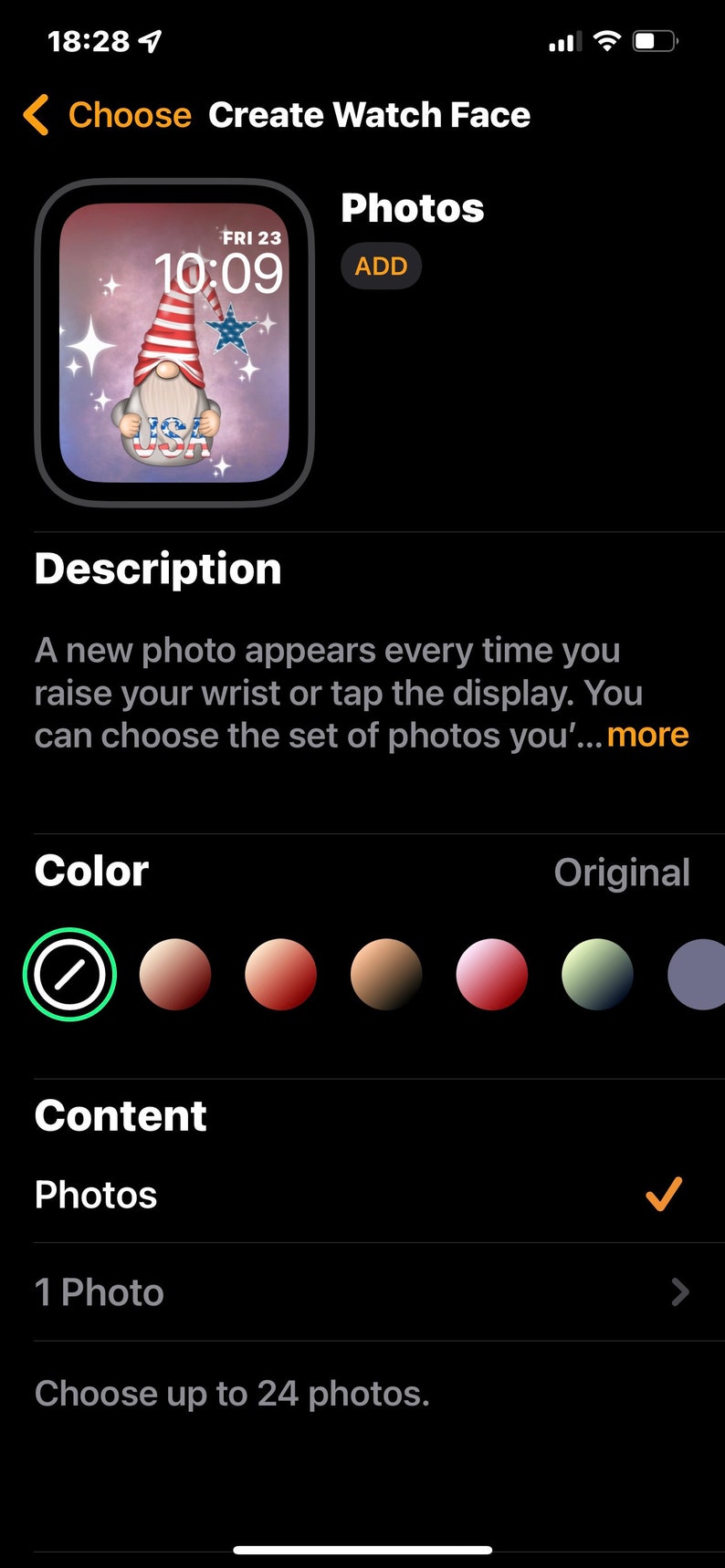 May include: A watch face with a photo of a gnome wearing a red, white, and blue hat with stars and the word "USA" on it. The watch face is set to 10:09 and the date is FRI 23. The watch face is customizable with different colors and photos.