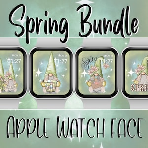 以下が含まれることがあります： 春をテーマにしたノームが描かれた、異なる4つのApple Watchの文字盤。文字盤には、花を持っているノーム、卵の入ったバスケットを持っているノーム、手紙を持っているノーム、そして「春」と書かれた看板を持っているノームが描かれています。