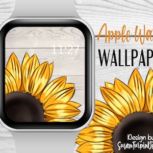 May include: Apple Watch face with a sunflower design on a wood background. The time is 11:27. The text "Apple Watch Wallpaper" is displayed above the watch face.