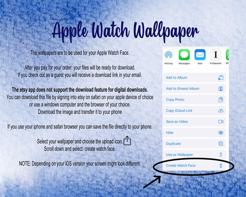 May include: A blue and white digital illustration with the text "Apple Watch Wallpaper" and instructions on how to use the wallpaper on an Apple Watch. The image also shows a screenshot of an iPhone screen with the "Create Watch Face" option highlighted.