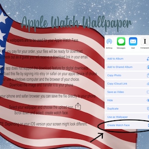 May include: A screenshot of an iPhone showing the options to use an image as a wallpaper or create a watch face. The image is set against a background of an American flag.
