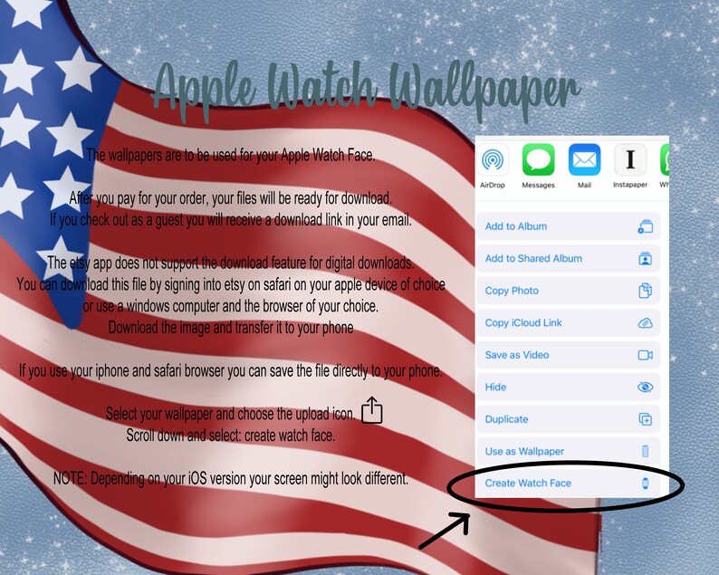 May include: A screenshot of an iPhone showing the options to use an image as a wallpaper or create a watch face. The image is set against a background of an American flag.