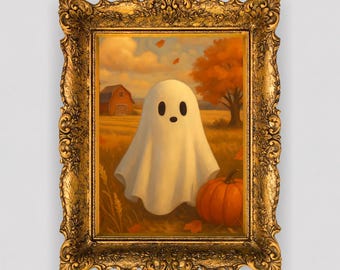 Arte mural otoñal con fantasmas / Imprimible acogedor para Halloween / Decoración de granero y calabaza otoñal / Descarga instantánea