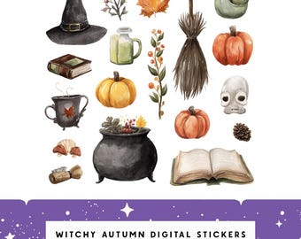 Pegatinas digitales de otoño brujo: Calabaza y caldero (Descarga PNG, PDF)