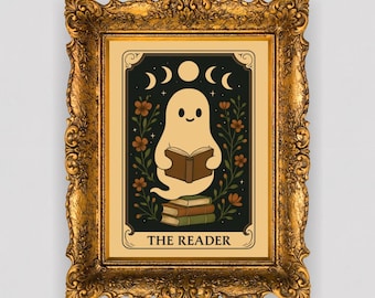 Lámina artística de fantasmas leyendo: Decoración de Halloween celestial para amantes de los libros (descarga digital)