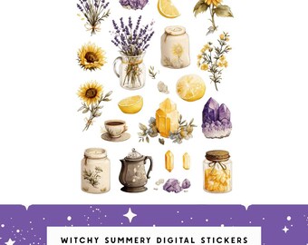 Pegatinas de planificador de verano de brujas: Girasol, lavanda y cristal PNG (descarga digital)