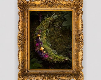 Luna creciente con musgo, flores silvestres y hongos – Arte mural del Bosque Encantado (Descarga digital)