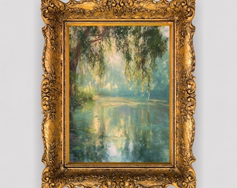 Estanque de sauces iluminado por el sol: arte mural con un paisaje tranquilo (descarga digital)