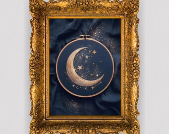 Bordado de Luna Celestial y Estrellas – Arte de Bordado Azul Oscuro (Descarga Digital)