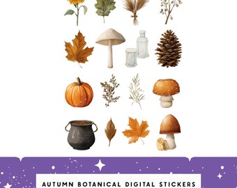 Pegatinas digitales botánicas de otoño / Set de notas de setas y calabazas / Planificador PNG estilo cottagecore / Noteful / Descarga instantánea