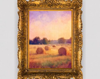 Almiares dorados al atardecer – Impresión de paisaje rural impresionista (descarga digital)