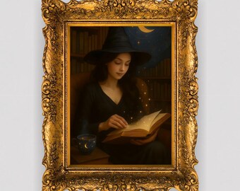 Impresión de la Bruja Encantada Leyendo: Arte de la Biblioteca Celestial (Descarga digital)