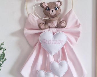 Fiocco nascita orsetto rosa personalizzabile con nome, coccarda nascita