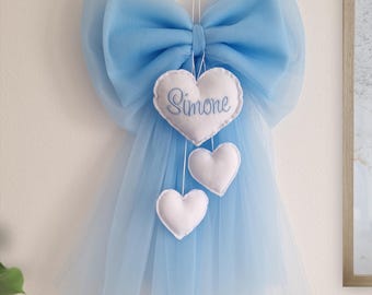 Fiocco nascita tulle azzurro personalizzato con nome