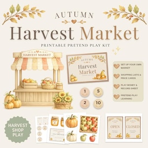 Autumn Harvest Market Pretend Play Printable | Farmers Market Sign, Shopping Lists, Pumpkin Activities, Play Money & Cut Out Pieces