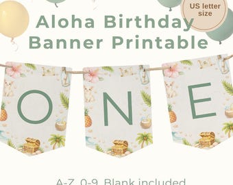 Aloha Hawaii Birthday Banner Printable US letter | Beach Party Decoration | Custom Name Banner A-Z 0-9 | Tropical Sign | Instant Download