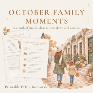 Könnte beinhalten: Ein druckbares PDF mit dem Titel OCTOBER FAMILY MOMENTS, das eine Liste herbstlicher Aktivitäten enthält. Das Dokument umfasst Text und kleine Illustrationen, dargestellt neben einer Abbildung von zwei Personen auf einer herbstlichen Straße.