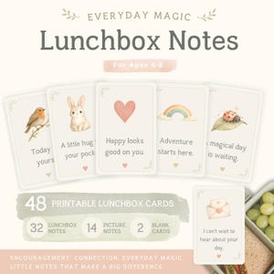 Könnte beinhalten: Ein Set aus 48 druckbaren Lunchbox-Karten mit dem Titel Everyday Magic Lunchbox Notes für Kinder von 4-8 Jahren. Die Karten zeigen Aquarellillustrationen von Vogel, Hase, Herz, Regenbogen, Marienkäfer und Umschlag mit Text und Herzsymbolen.