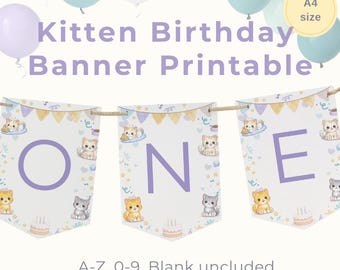 Kitten Birthday Banner Printable A4 | Kitten Party Decoration | Custom Name Banner A-Z 0-9 | Cat Party Sign | Instant Download Kids Decor