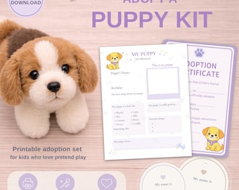Adopt a Puppy Kit Printable, Pretend Play Kit for Kids, Plush Puppy Dog Adoption Set, Pet Profile, Name Tags, Adoption Certificate