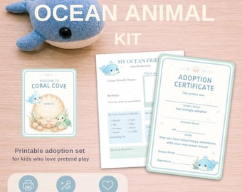 Adopt an Ocean Animal Kit Printable, Pretend Play for Kids, Plush Under the Sea Adoption Set, Pet Profile, Cave Sign, Adoption Certificate