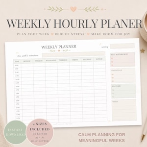 Weekly Hourly Planner Printable PDF | Undated Planner | Self-Care, Intentions & Weekly Schedule | A4, A5, US Letter