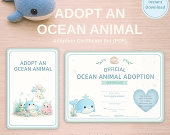 Adopt an Ocean Animal Printable Certificate Set | Sea Animal Adoption Sign | Dolphin Shark Turtle Party Activity PDF