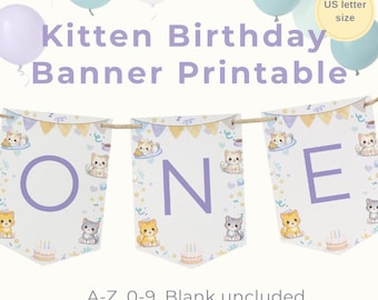 Kitten Birthday Banner Printable US Letter | Kitten Party Decoration | Custom Name Banner A-Z 0-9 | Cat Party Sign | Instant Download Decor