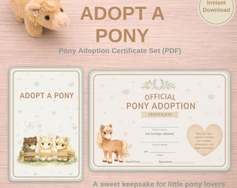 Adopt a Pony Printable Certificate Set | Pony Adoption Sign | Pretend Play Horse Game | Kids Activity PDF