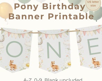 Pony Birthday Banner Printable US Letter | Pony Party Decoration | Custom Name Banner A-Z 0-9 | Horse Party Sign | Instant Download Decor