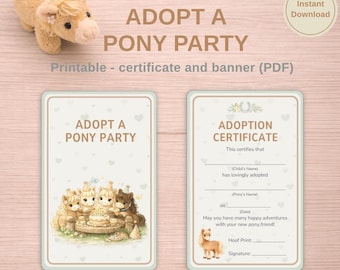 Adopt a Pony Party Printable Sign & Adoption Certificate | Pony Party Decor | Kids Birthday Activity | Horse Theme | Instant Download PDF