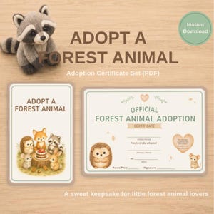 Conjunto de certificados imprimibles para adoptar un animal del bosque | Letrero de adopción de animales del bosque | Actividad para fiestas de zorros, erizos y mapaches en PDF
