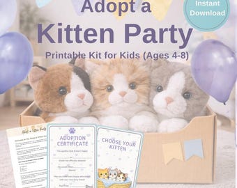 Adopt a Kitten Party Printable Birthday Kit | Kitten Adoption Activity | Kids Party Game | Cat Party Theme Printables | Instant Download
