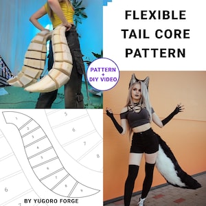 May include: The image displays a flexible tail core pattern. A person is holding a foam tail. The text "FLEXIBLE TAIL CORE PATTERN" is visible. A diagram of a tail pattern is also shown, along with a finished black and white tail.