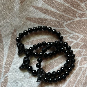 Obsidian Angel Wing with Obsidian 8mm Beaded Bracelet 7.5”
