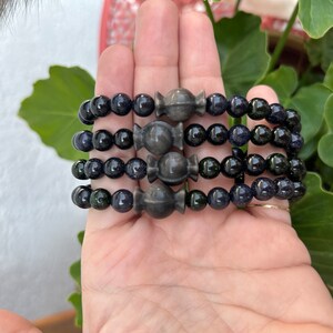 Silver Obsidian Carved Candy with Blue and Green Goldstone 8mm Beaded Bracelet 7.5” Halloween Lover