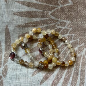 Red Mica with Lotus and Faceted Golden Healer 8mm Beaded Bracelet 7.5”