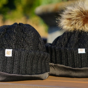 Onyx Charmeuse Satin Lined Cold Weather Hat | Pom Pom Warm Beanie Hat Unisex | Winter Hat Warm, Winter Hat, Winter Outdoor Head Cover Beanie