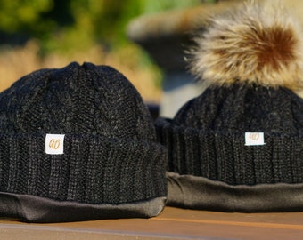 Onyx Charmeuse Satin Lined Cold Weather Hat | Pom Pom Warm Beanie Hat Unisex | Winter Hat Warm, Winter Hat, Winter Outdoor Head Cover Beanie