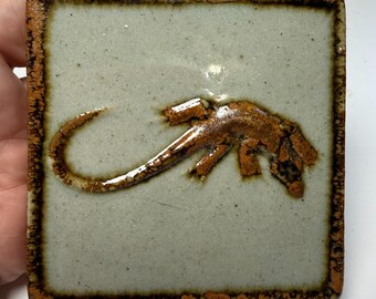 Vintage Mexican Folk Art Wall Tile Trivet Tonala Lizard Gecko Signed Handmade