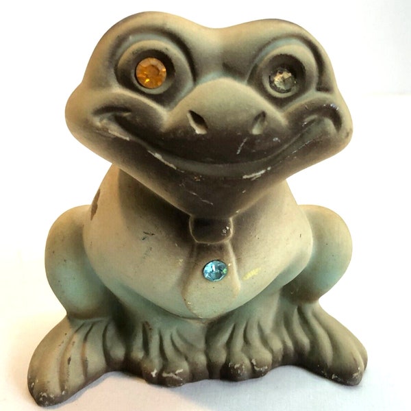 Vintage Roselane USA Bisque Frog Animal Pottery Figurine Rhinestone Eyes Tie