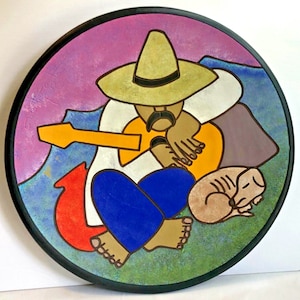 Vintage 12.5" Mexican Pottery Wall Plate Man Siesta Guitar Dog Sleeping Signed