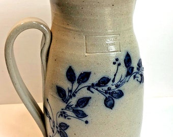 Salmon Falls 9" Pottery Stoneware Pitcher Handle Salt Glaze Blueberry Vine 1993