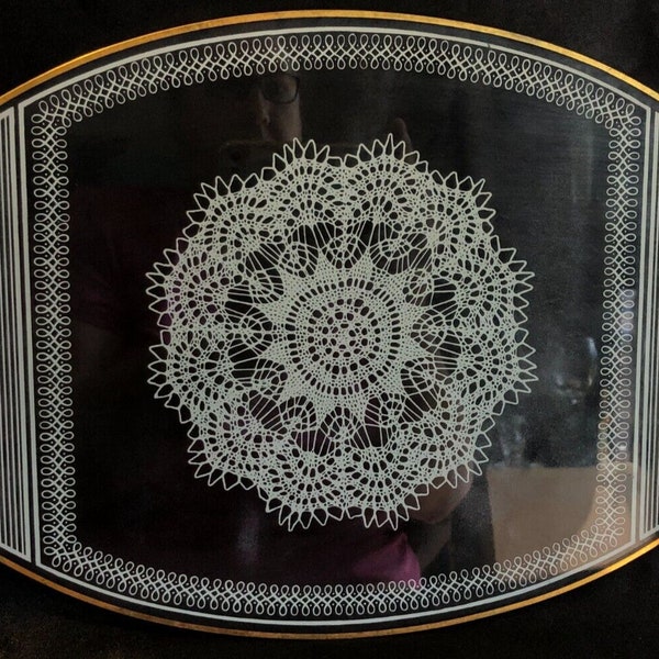 Vintage Chance Brothers White Filigree Lace Oval Serving Vanity Tray Bent Gilded
