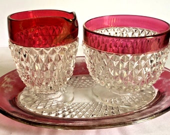 Ensemble de plateaux à sucre vintage Indiana en verre avec pointe de diamant et rubis