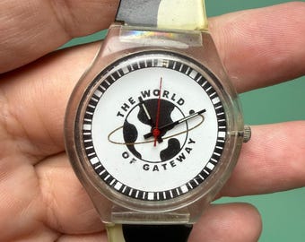 Vintage The World of Gateway Computers klocka med ko-tryck, bandlogotyp från 1990-talet, fungerar!