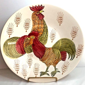 Vintage Enesco Japan 14&quot; Platter Bowl Roosters Chickens Wheat Ironstone MCM Mod