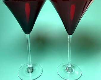2 Lenox Holiday Gems Ruby Martini Glasses Hand Blown Glass Red Bowl Clear Stem